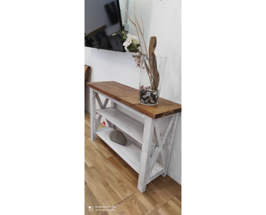 Tavolo consolle in legno massello bicolore bianco shabby cm 150 x 40